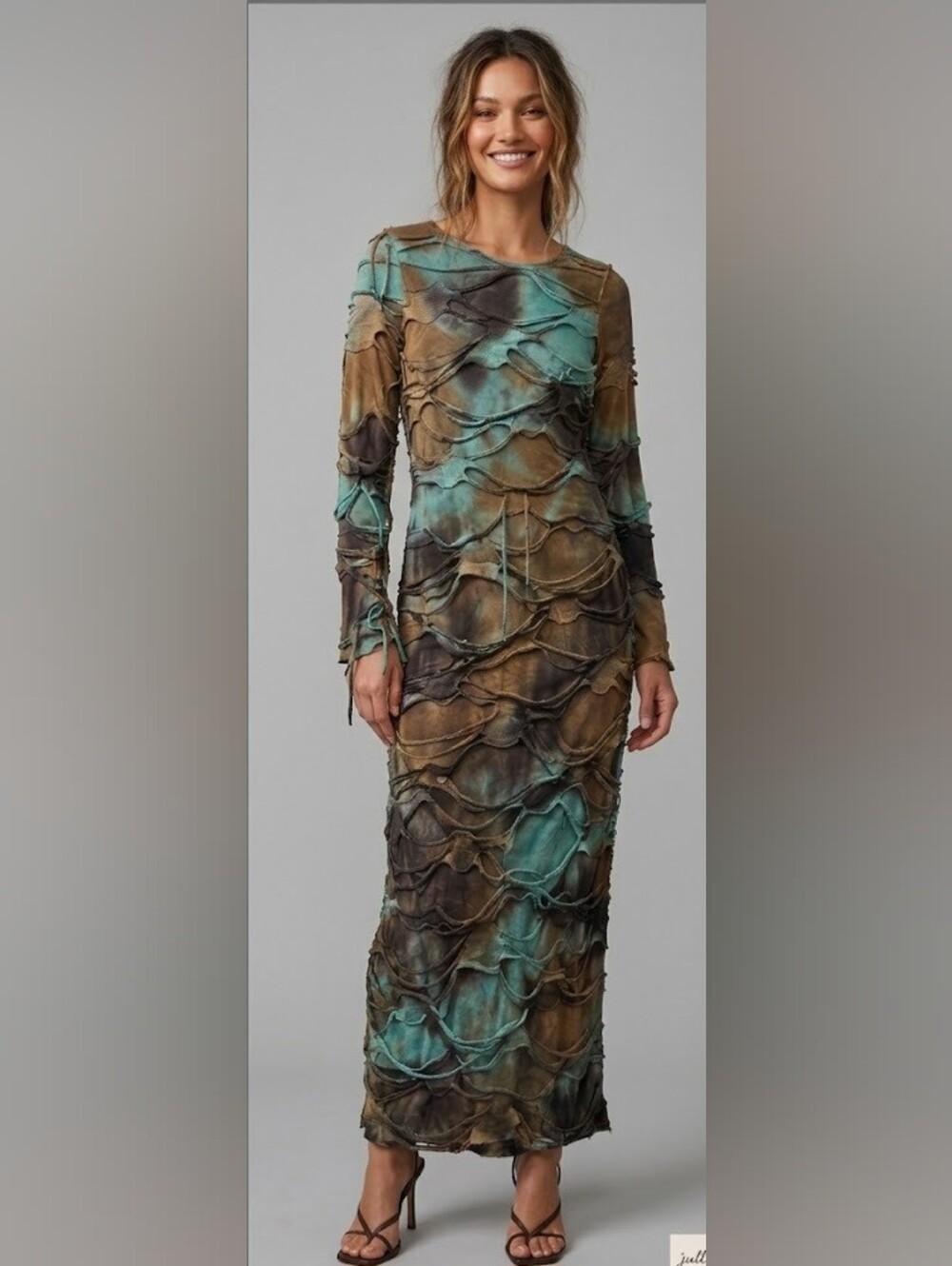 Julia By Love J Textured Tie-Dye Maxi Dress in Teal and Brown